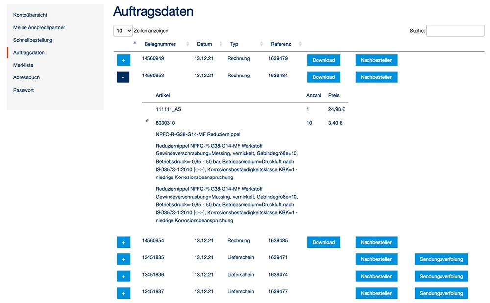 Screenshot eines Kundenkontos in einem B2B-Online-Shop mit Anzeige der bislang getätigten Bestellungen
