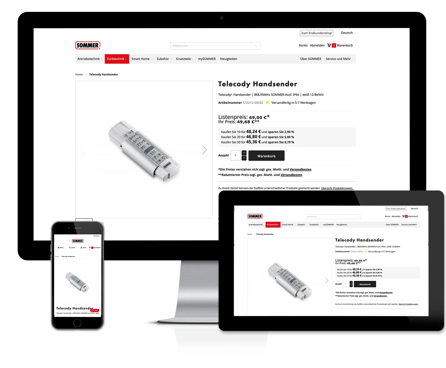 Eine Bildcollage bestehend aus eine Monitor, Tablet und Smartphone, auf denen eine Online-Shop angezeigt wird. 