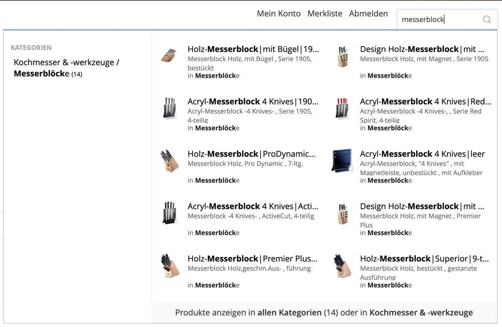 Screenshot aus eine B2B-Online-Shop, bei dem in die Suchleiste der Begriff "Messerblock" eingegeben wurde und die Ergebnisse in einer Vorschau angezeigt werden
