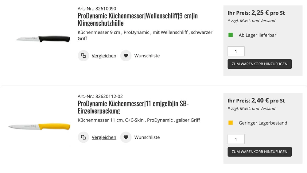 Screenshot eines B2B-Online-Shops, auf dem Küchenmesser mit Einkaufspreis und Lagerbestand angezeigt werden