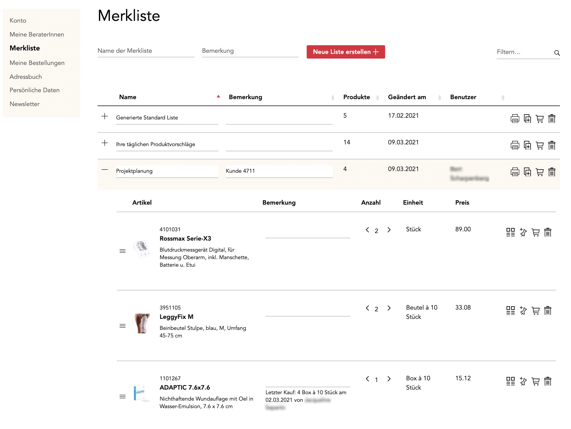 Screenshot einer Merkliste in einem B2B-Online-Shop mit Produkten aus dem Medizinalbereich