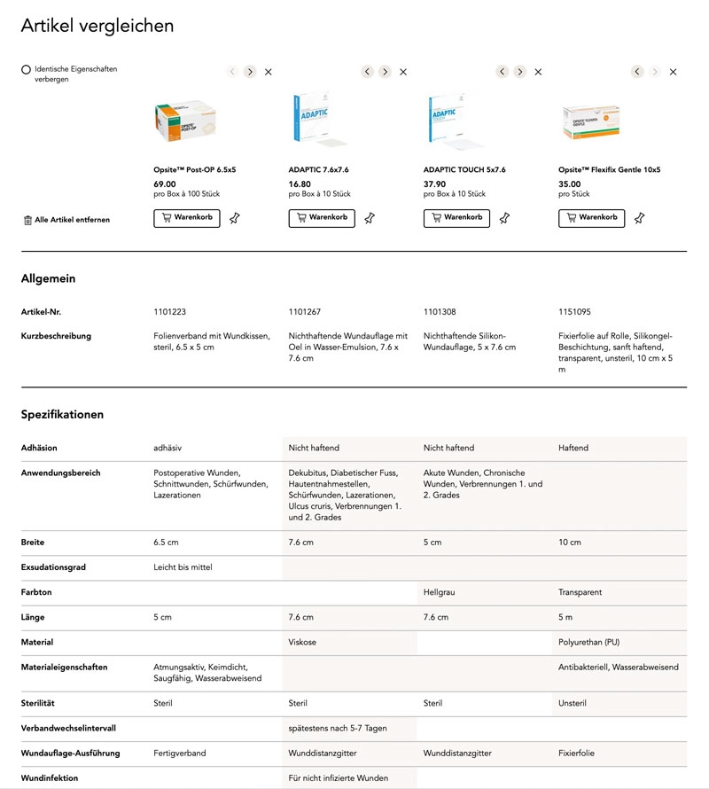 Screenshot eines Produktvergleiches aus einem E-Commerce-System, bei dem die Unterschiede zwischen den Produkten farbig hervorgehoben werden