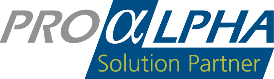 Logo: Proalpha Solution Partner. Proalpha-Schriftzug in Grau-Blau, darunter in grünlicher Schrift "Solution Partner"