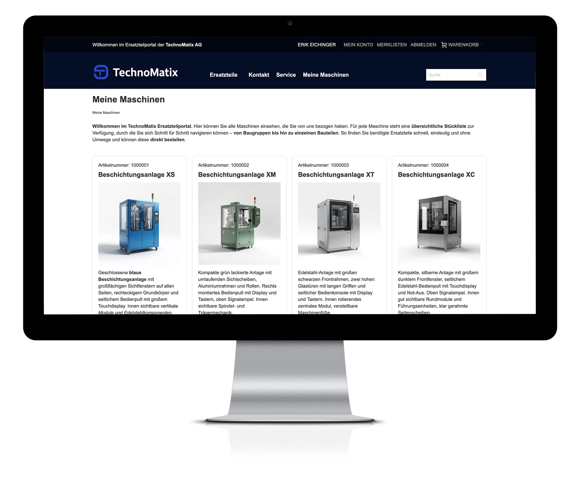 Monitor, der einen Webshop anzeigt. Es stehen vier unterschiedliche Industriemaschinen zur Auswahl. 