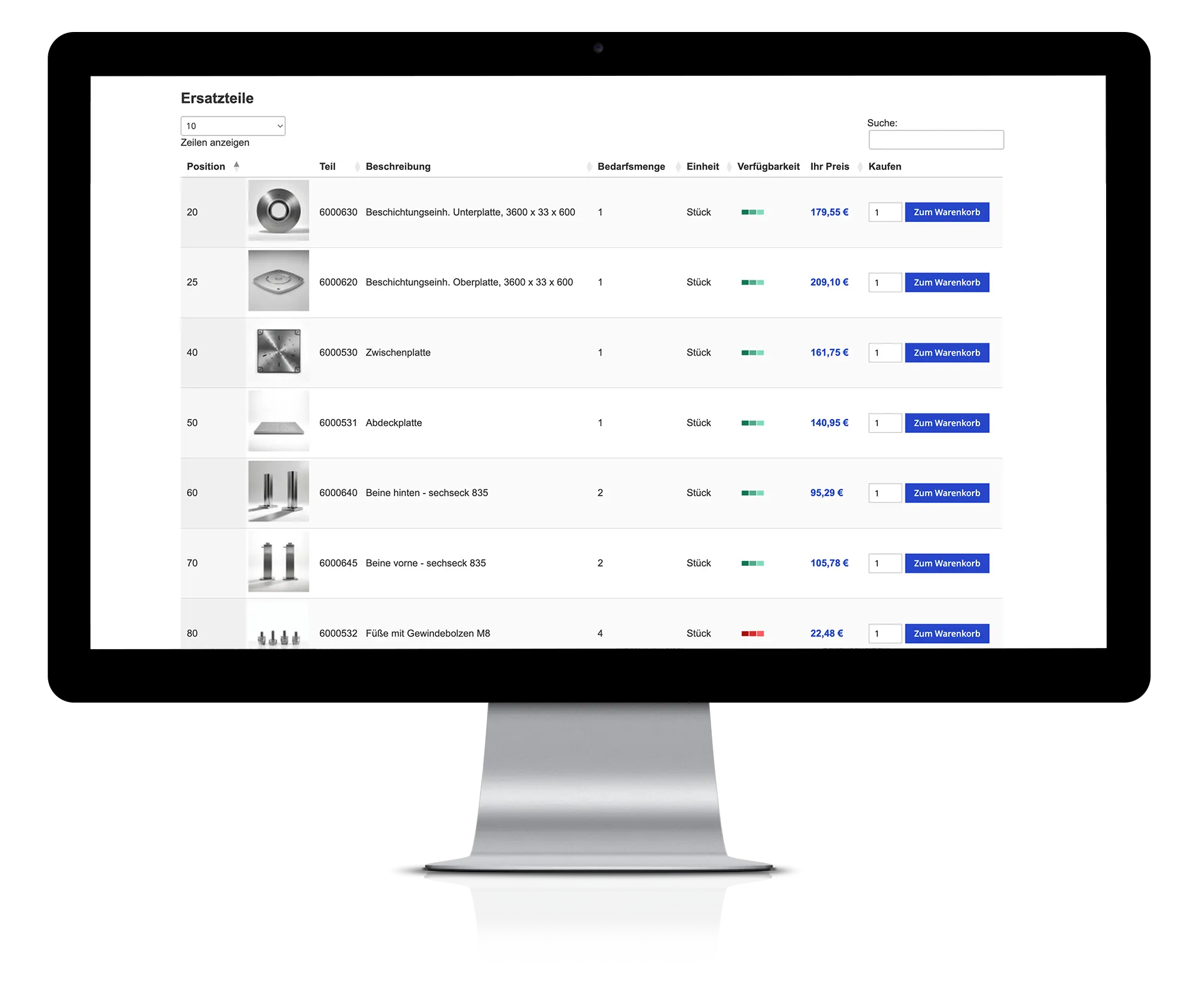 Monitor, der einen Webshop anzeigt. Es können unterschiedliche Ersatzteile für den Maschinenbau in den Warenkorb gelegt werden. 