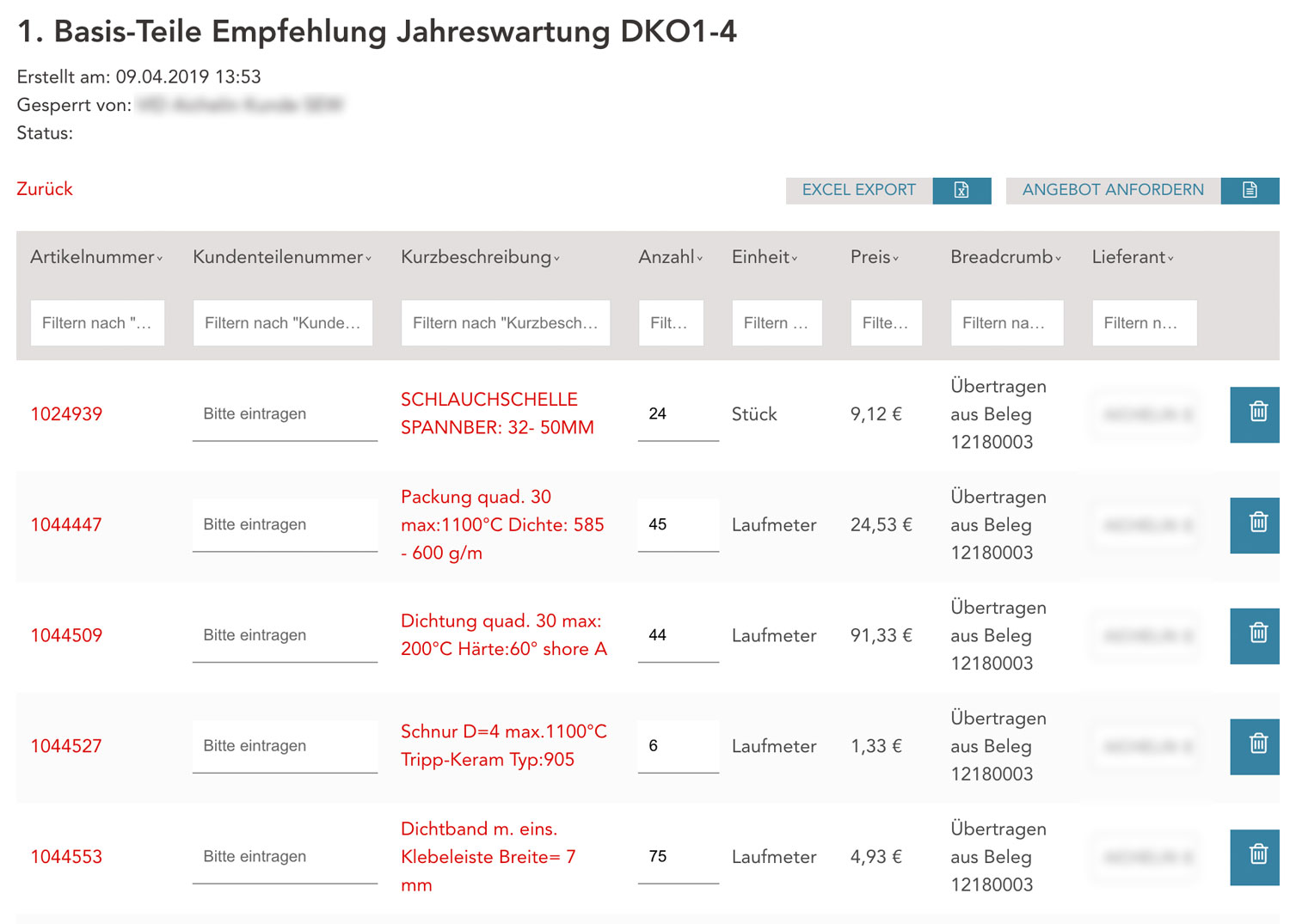 angebotsanfragen Export von Angebotsanfragen